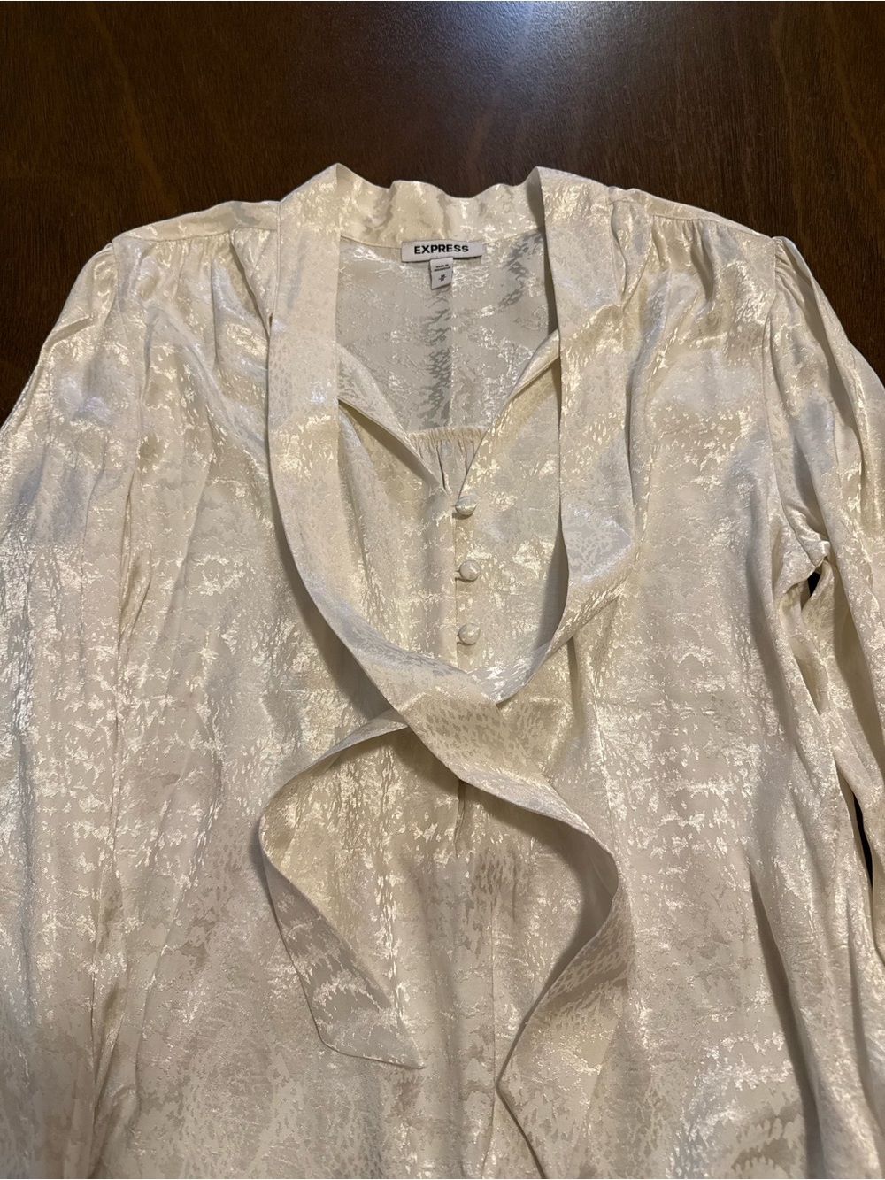 Express Ivory Satin Tie-Neck Blouse with Buttons